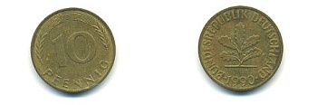 ФРГ 10 ПФЕННИГОВ 1990 D KM 108, J.383 сталь плакированная латунью 54-2336