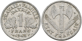 Франция 1 франк 1942 LB, тип Lourde, правительство Виши KM 902.1, Le Franc 222.2 алюминий 4142-915