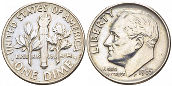 США 10 ЦЕНТОВ = 1 ДАЙМ 1965 РУЗВЕЛЬТ KM 195а медь плакированная медно-никелем 4547-856