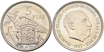 Испания 5 песет 1957(70) Франциско Франко (1939-1975) KM 786 медно-никель UNC 4583-1126