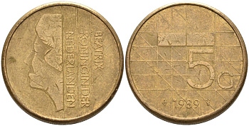 Нидерланды 5 гульденов 1989 Беатрикс (1980-2013) KM 210 никель плакированный бронзой 4572-844