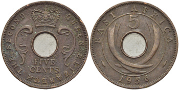 Британская Восточная Африка 5 центов 1956 Елизавета II (1952-) KM 37 бронза 94-834