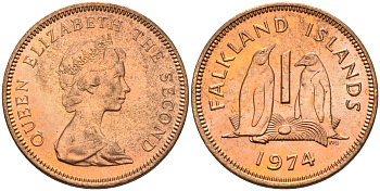Фолклендские острова 1 пенни 1974 Елизавета II (1952-2022), папуанский пингвин KM 2 бронза 4152-1263