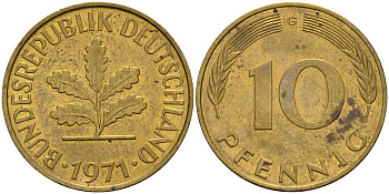 ФРГ 10 пфеннигов 1971 G KM 108, J. 383 сталь плакированная латунью    4601-1224