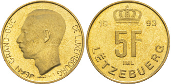 Люксембург 5 франков 1993 Великий герцог Жан (1964-2000), тираж 10.000 экземпляров KM 65 алюминиевая бронза  BU  4635-1224