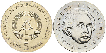 ГДР 5 марок 1979 A, 100 лет со дня рождения Альберта Эйнштейна KM 72, J. 1572 медь цинк никель UNC 413-5723
