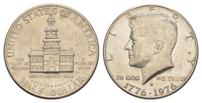 США 1/2 доллара (50 центов) 1976 D, 200 лет независимости, Джон Кеннеди KM 205 медь плакированная медно-никелем aUNC 4545-933