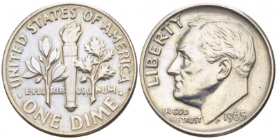 США 10 ЦЕНТОВ = 1 ДАЙМ 1965 РУЗВЕЛЬТ KM 195а медь плакированная медно-никелем 4547-856