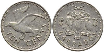 Барбадос 10 центов 1979 смеющаяся (Ацтекская) чайка KM 12 медно-никель 4396-1212