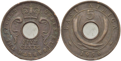 Британская Восточная Африка 5 центов 1956 Елизавета II (1952-) KM 37 бронза 94-834