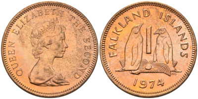 Фолклендские острова 1 пенни 1974 Елизавета II (1952-2022), папуанский пингвин KM 2 бронза 4152-1263