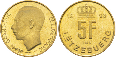 Люксембург 5 франков 1993 Великий герцог Жан (1964-2000), тираж 10.000 экземпляров KM 65 алюминиевая бронза  BU  4635-1224
