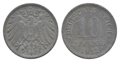 Германия 10 пфеннигов 1922 KM 26, J. 299 цинк 4640-345