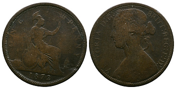 Великобритания 1 пенни 1872 Виктория (1837-1901) KM 749.2, Spink 3954 бронза 4364-4333