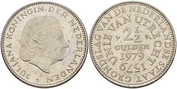 Нидерланды 2 1/2 гульдена 1979 400 лет Утрехтскому союзу, Юлиана (1949-1980) KM 197 никель 82-1226