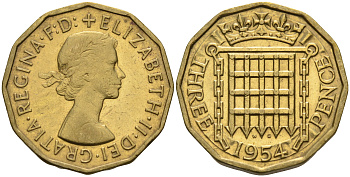 Великобритания 3 пенса 1954 Елизавета II (1952-2022) KM 900, Spink 4153 никель латунь 4592-421