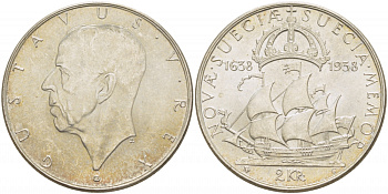 Швеция 2 кроны 1938 G, Густав V (1907-1950), 300 лет шведским поселениям в Делавере KM 807 серебро 1515-1032