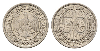 Германия 50 рейхспфеннигов 1930 F, редкий монетный двор KM 49, J. 324 никель 1517-1214