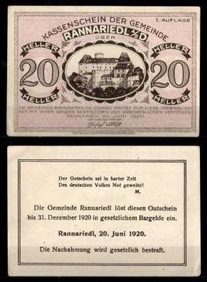 Австрия, Раннаридль 20 геллеров 1920 Jaksc/Pick JPR0818a-20 бумага 2193-14-1-1