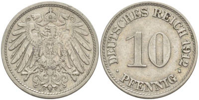 Германия 10 пфеннигов 1912 A KM 12, Jager 13, Weege 8 медно-никель 219-222