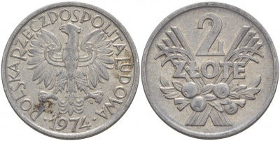 ПОЛЬША 2 ЗЛОТЫХ 1974 MW KM 46 алюминий 4545-345