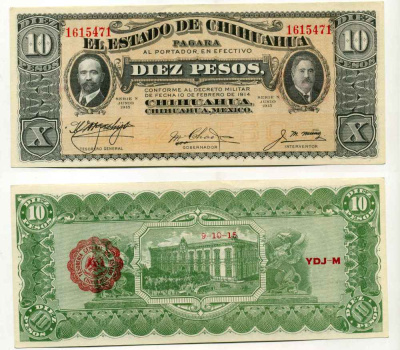 МЕКСИКА 10 ПЕСО 1915 CHIHUAHUA, ЧИХУАХУА, КРАСНАЯ ПЕЧАТЬ НА ОБОРОТЕ 9 ОКТЯБРЯ 1915 Pick S535 бумага UNC (ПРЕСС) 8589-55-3-1