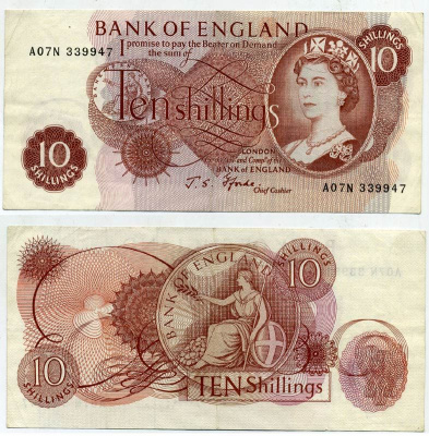 АНГЛИЯ 10 ШИЛЛИНГОВ ND 1966-1970 Pick 373c бумага 444-77-3