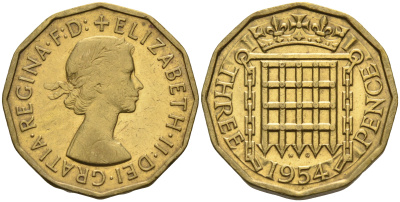 Великобритания 3 пенса 1954 Елизавета II (1952-2022) KM 900, Spink 4153 никель латунь 4592-421