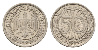 Германия 50 рейхспфеннигов 1930 F, редкий монетный двор KM 49, J. 324 никель 1517-1214