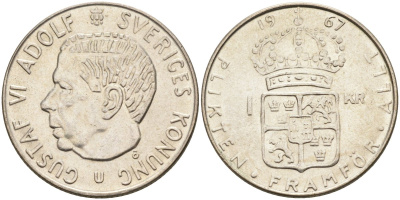Швеция 1 крона 1967 U, Густав VI Адольф (1950-1973) KM 826 серебро UNC 4582-435