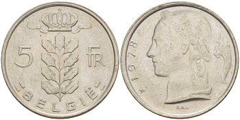 БЕЛЬГИЯ 5 ФРАНКОВ 1978 BELGIE, БОДУЭН I (1951-1993) KM 135.1 медно-никель 4364-1427