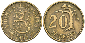 Финляндия 20 марок 1955 H KM 39 алюминиевая бронза 4586-745