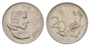 ЮАР 20 центов 1965 Ян ван Рибек (1619-1677), Suid Africa, легенда на африкаанс, цветок протея KM 69.2 медно-никель 4114-554