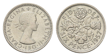 Великобритания 6 пенсов 1957 Елизавета II (1952-2022) KM 903, Spink 4149 медно-никель 4651-1155