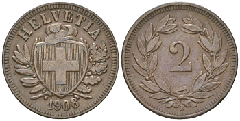 Швейцария 2 раппена 1908 B KM 4 бронза 4380-123