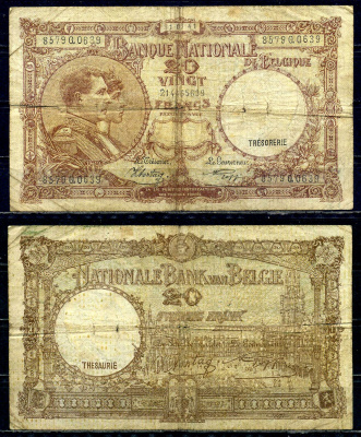 Бельгия 20 франков 1941 31.07.1941, Король Альберт I и его жена Королева Елизавета, Гран-Плас / Гроте Маркт, Брюссель Pick 111 (2) бумага 6301-28-2-2