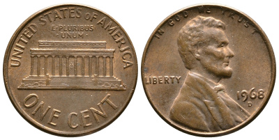 США 1 ЦЕНТ 1968 D, ЛИНКОЛЬН KM 201 медь цинк 93-1222