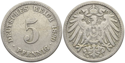 ГЕРМАНИЯ 5 ПФЕННИГОВ 1890 D KM 11, Jager 12, Weege 6 медно-никель 4547-319