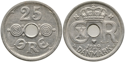 Дания 25 эре 1929 N; GJ, Кристиан X (1912-1947) KM 823.2 медно-никель 28-1113