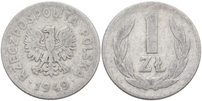 ПОЛЬША 1 ЗЛОТЫЙ 1949 KM 45а алюминий 106-524