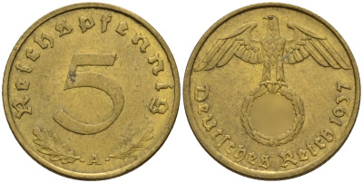 Германия 5 рейхспфеннигов 1937 A KM 91, J. 363 алюминиевая бронза 4151-735