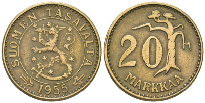 Финляндия 20 марок 1955 H KM 39 алюминиевая бронза 4586-745