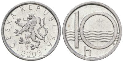 Чехия 10 геллеров 2003 b’, редкий год - 3.022.350 экземпляров KM 6 алюминий aUNC 4532-1027