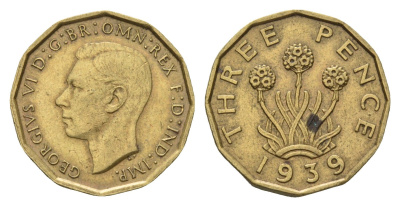 Великобритания 3 пенса 1939 Георг VI (1936-1952) KM 849, Spink 4112 никель латунь 4121-442
