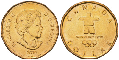 Канада 1 доллар 2010 XXI зимние Олимпийские Игры, Ванкувер 2010 KM 883 никель плакированный бронзой UNC 4140-413