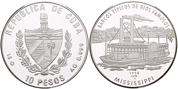 Куба 10 песо 1998 Миссисипи, колесный пароход, тираж 5000 экземпляров KM 610 серебро  PROOF  11-108-35
