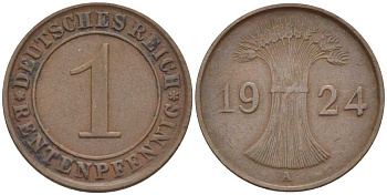 Германия 1 рентенпфенниг 1924 A KM 30, J. 306, Weege 1 бронза 211-111