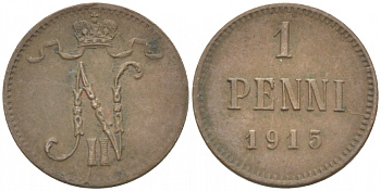 РОССИЯ ДЛЯ ФИНЛЯНДИИ 1 ПЕННИ 1915 НИКОЛАЙ II KM 13, Биткин 475 медь 211-1011