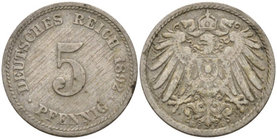 Германия 5 пфеннигов 1892 D KM 11, J. 12 медно-никель 4151-367