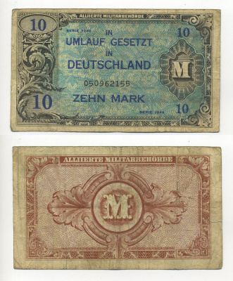 ГЕРМАНИЯ 10 МАРОК 1944 ОККУПАЦИЯ СОЮЗНИКАМИ ВО ВТОРОЙ МИРОВОЙ ВОЙНЕ 10 МАРОК 1944 М, 9 ЦИФР В СЕРИИ Pick 194a бумага 00-00